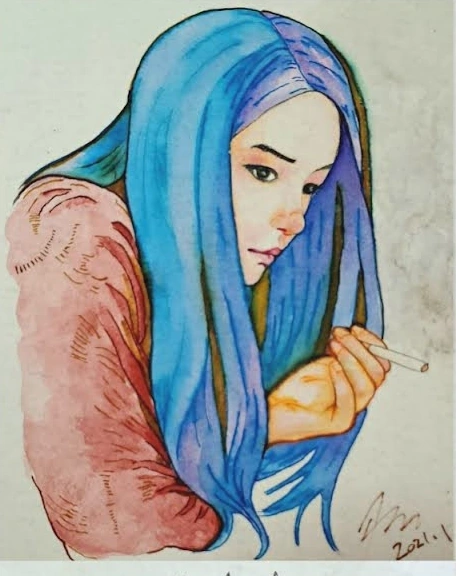藍髮人物 · 色彩插畫