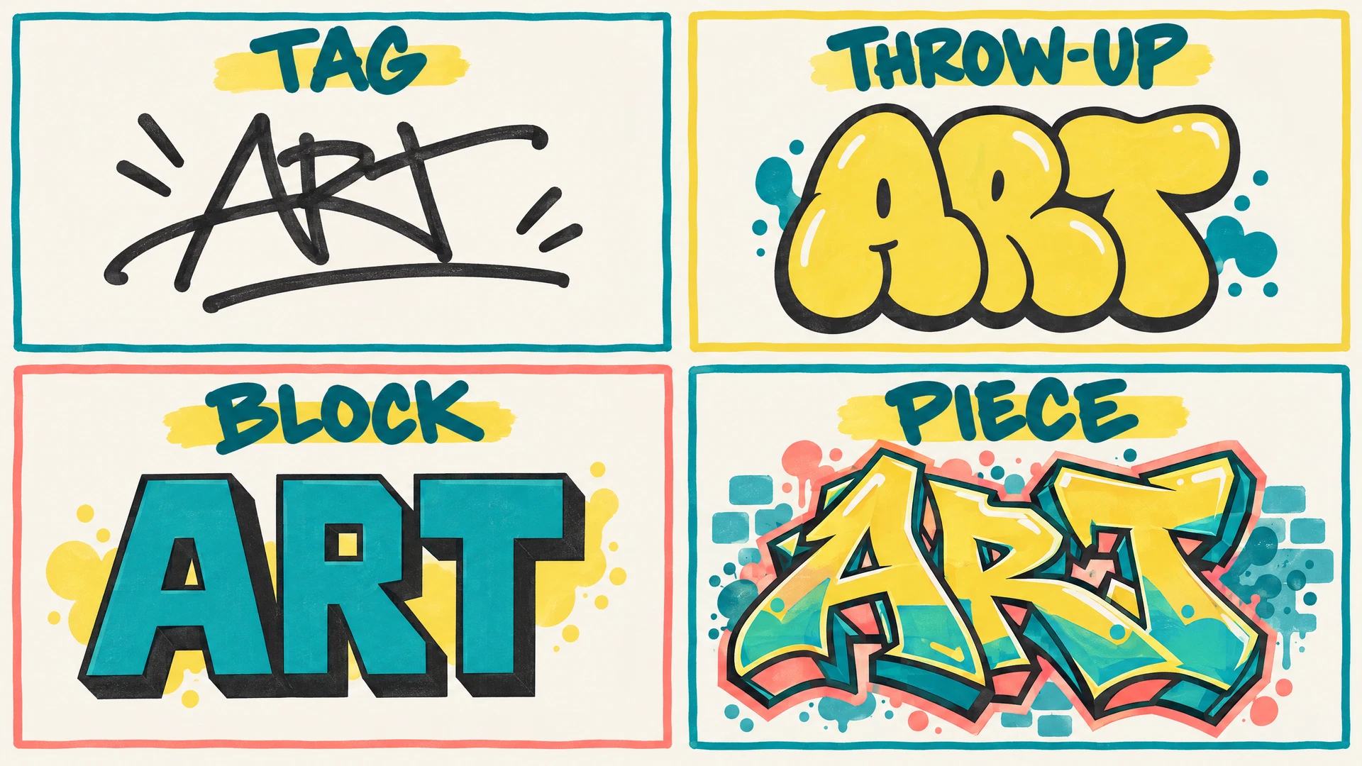 Tag、Throw-up、基礎塊字與Piece的原創字形教學示意