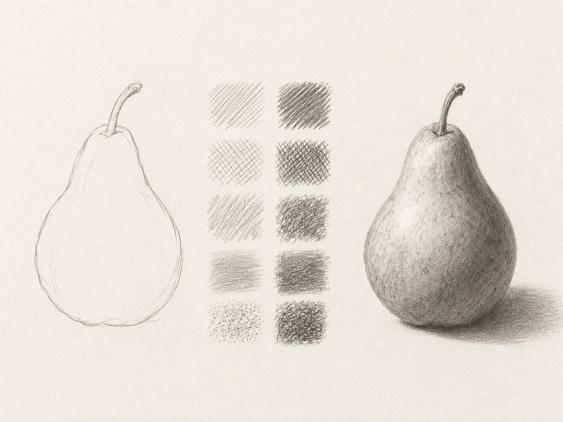素描示意:輪廓、排線與一致光源的明暗。